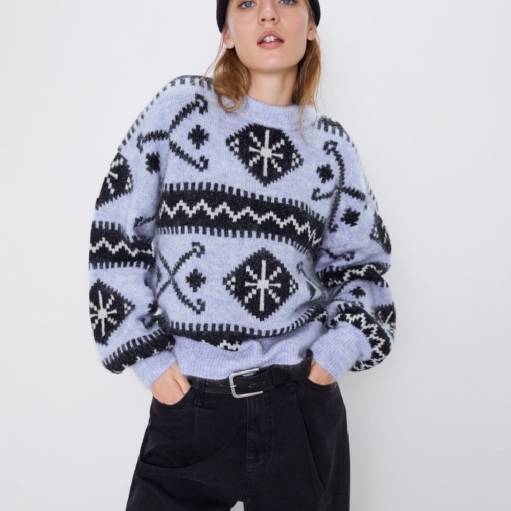 Zara Mohair Wool Oversized Aztec Crewneck Sweater